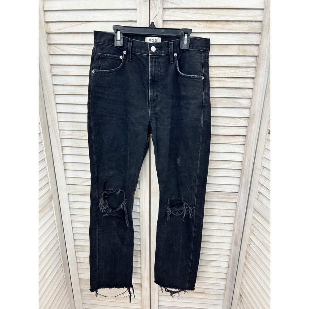 AGOLDE Cherie High Rise Straight Jeans 27 Black Distressed Grunge Goth